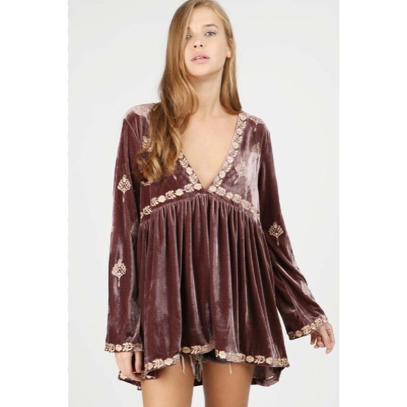 Deep V Neck Embroidered Velvet Tunic or Mini Dress - Picture 2 of 8